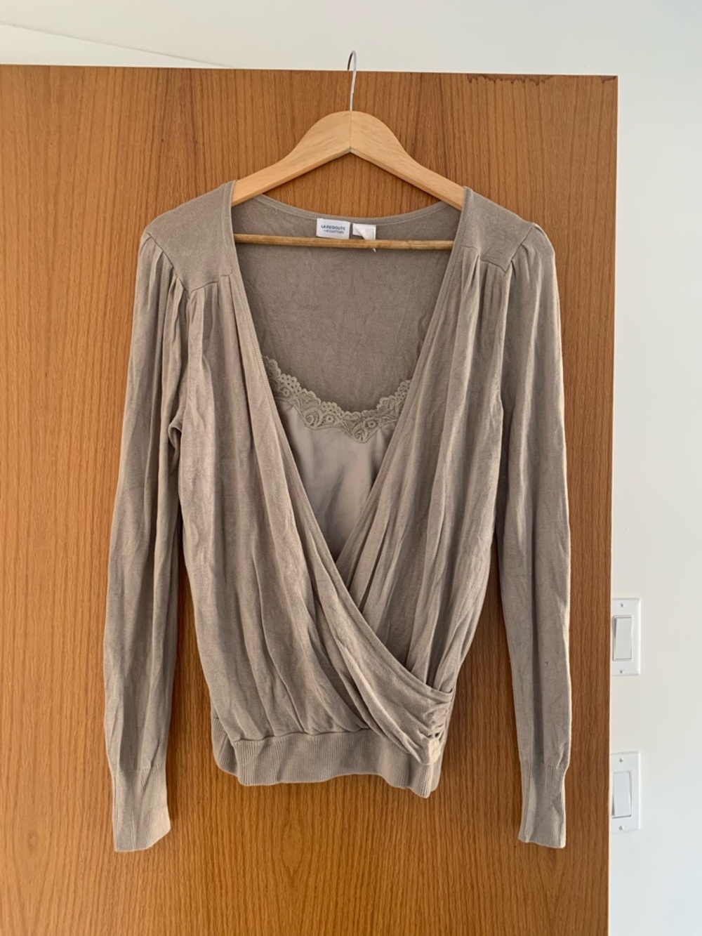 Soft Faux-Wrap Lace-Trim insert Long Sleeve sweater  — Taupe